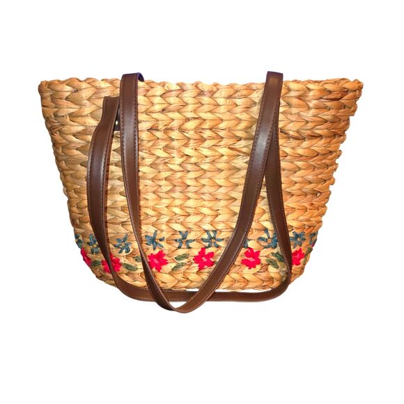 Natural Life Nantucket Large Flower Embroidered Straw Market Tote Bag 17"X12"X6" - Picture 1 of 11